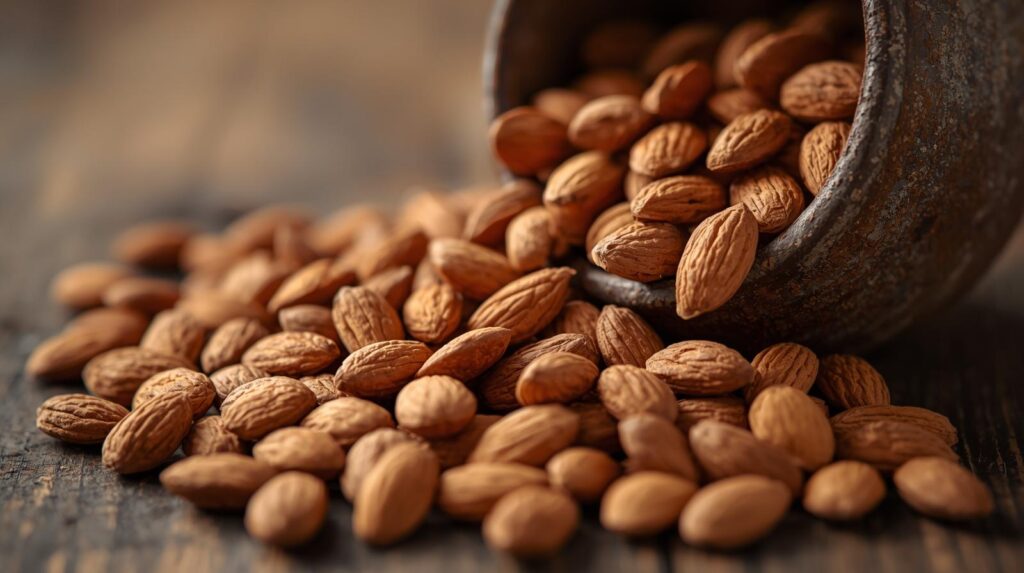 create a photo of almonds in a bowl, it should look aesthetic the almonds falling off from the bowl and looks amazing