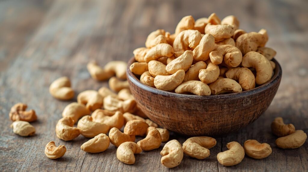 create a photo of kaju in a bowl, it should look aesthetic the kaaju falling off from the bowl and looks amazing for the banner phot (1)