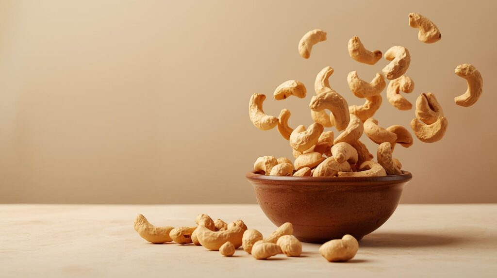 create a photo of kaju in a bowl, it should look aesthetic the kaaju falling off from the bowl and looks amazing for the banner phot