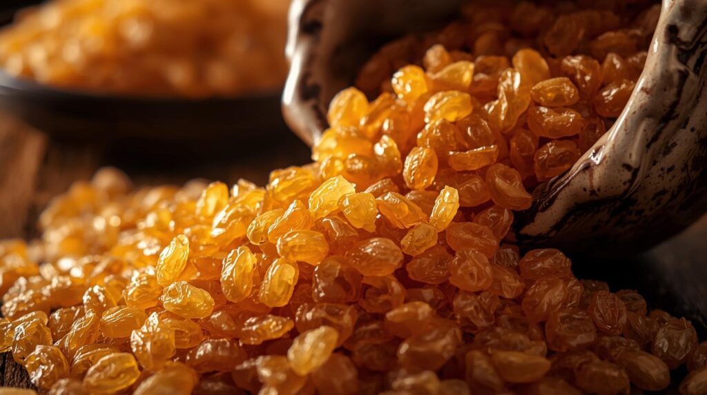 create a photo of kishmish in a bowl, it should look aesthetic the kishmish falling off from the bowl and looks amazing