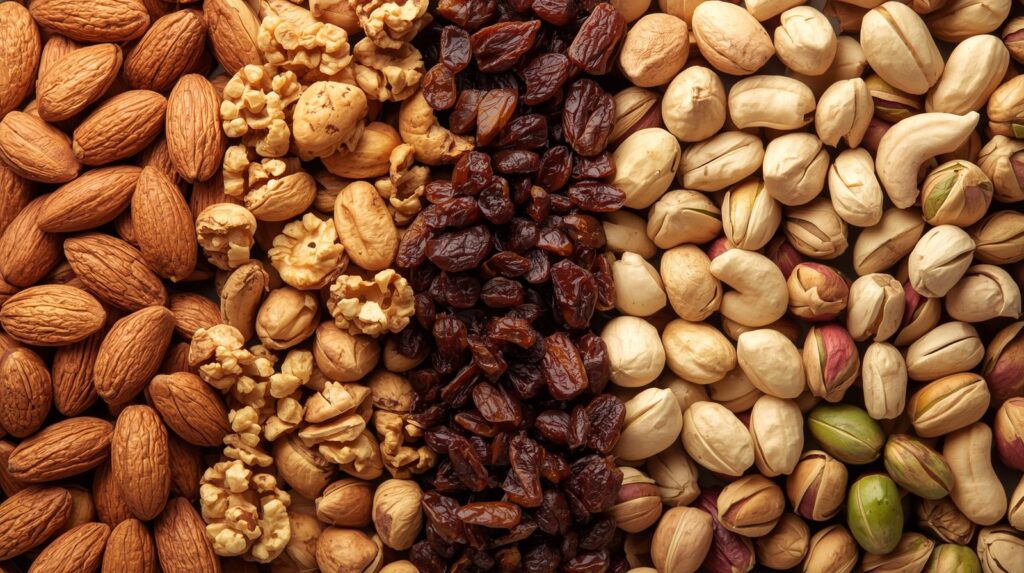 now create a photo of mixed dry fruits which involves almonds, walnuts, kaju, kishmish, pista for a banner photo